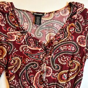 Wrangler Retro Paisley Print Ruffle V Neck Long Sleeve Dress Boho Western Small